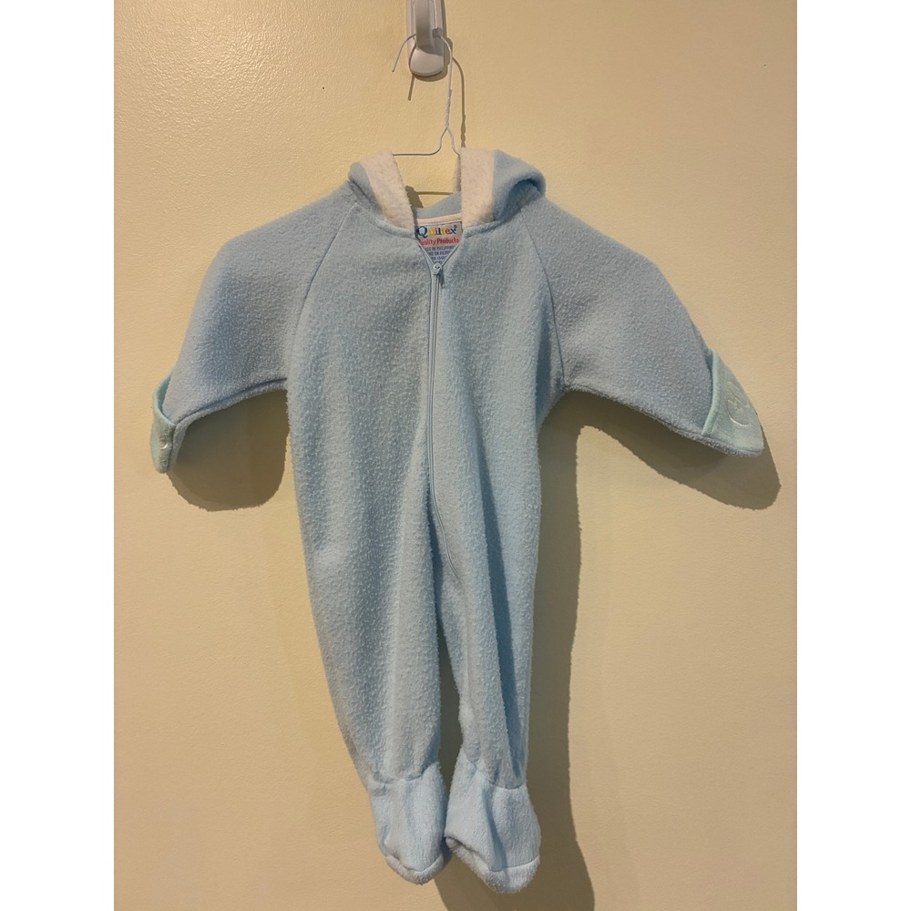 Vintage Quiltex Baby Blue Fleece Hooded Pram Suit Stop Go Mittens NB-6M